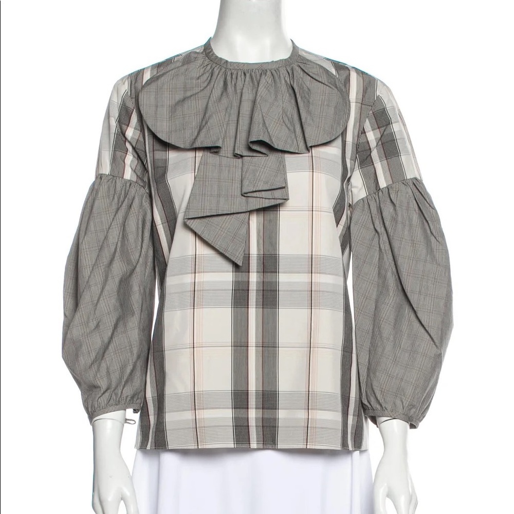 Arias New‎ York New balloon sleeve ruffle neck plaid top blouse